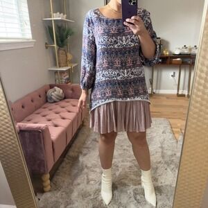 Paisley Vine Women's Tunic Dress Pink Floral Print Layered Boho Chic Size‎ L